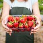 woman holding a punnet of strawberries with plants in the background